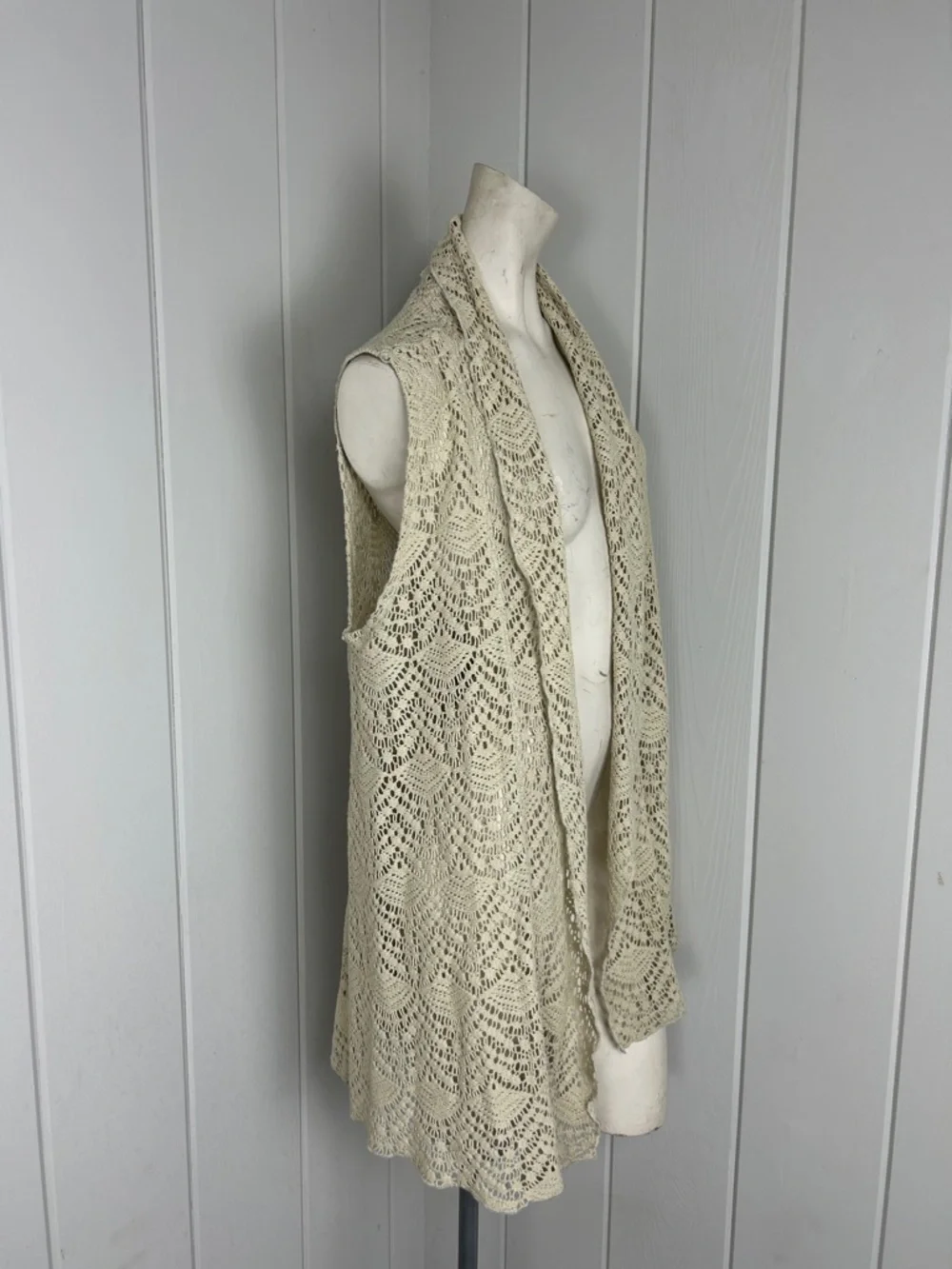 Katie Todd Boho Crochet Lace Open Front Vest Cardigan Large Ivory Festival